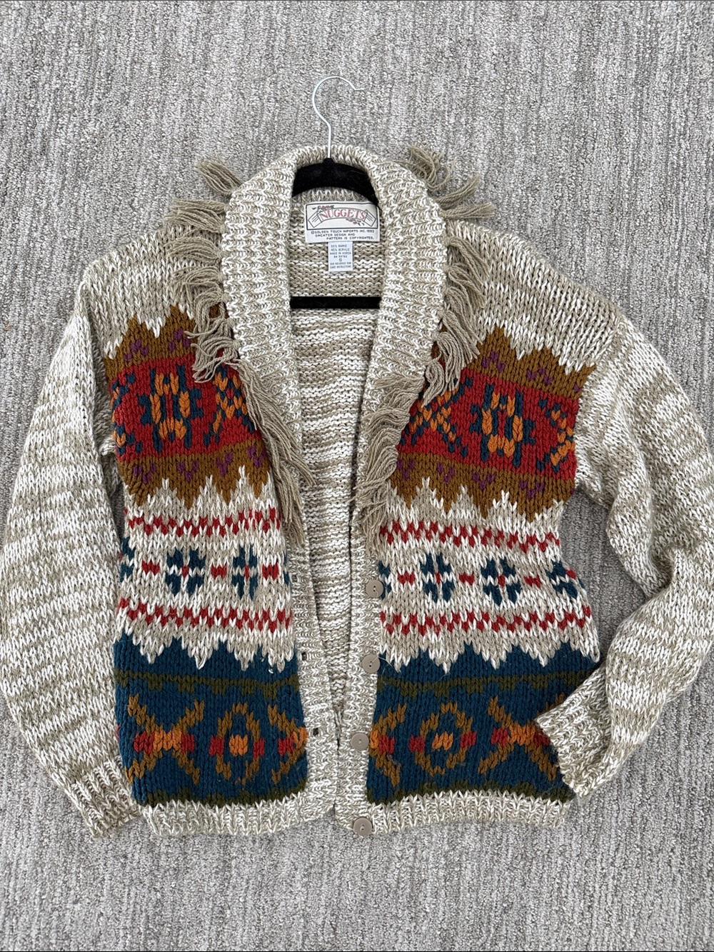 Vintage Western Fringe Collar Fair Isle Cardigan Sweater - Beige Multicolor
